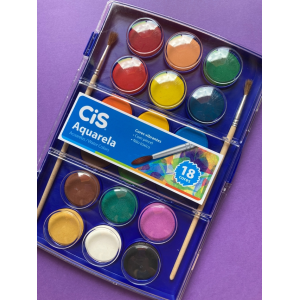 Aquarela Pastilha 18 cores c/ 2 Pincéis - Cis